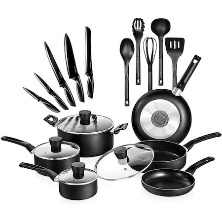 Serenelife Kitchenware Pots & Pans Set - Basic Kitchen Cookware, Black Non-Stick Coating Inside, Heat Resistant SLCW20BLK